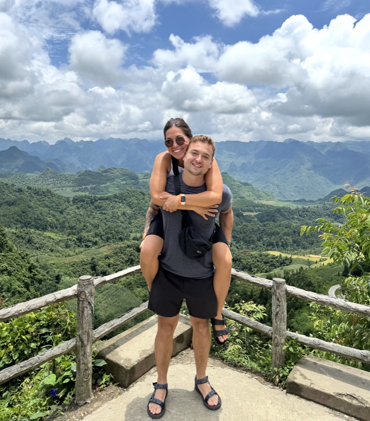 Chazlyn and Nicolas overlooking the green valleys of northern Vietnam